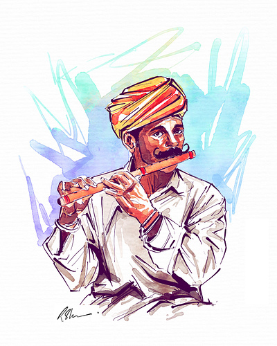 Flute player digital art digital painting flute player indian artist portrait portrait drawing procreate rajasthan watercolor painting