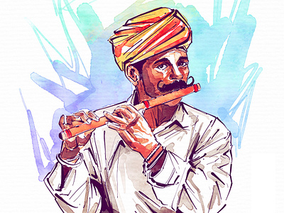Flute player digital art digital painting flute player indian artist portrait portrait drawing procreate rajasthan watercolor painting