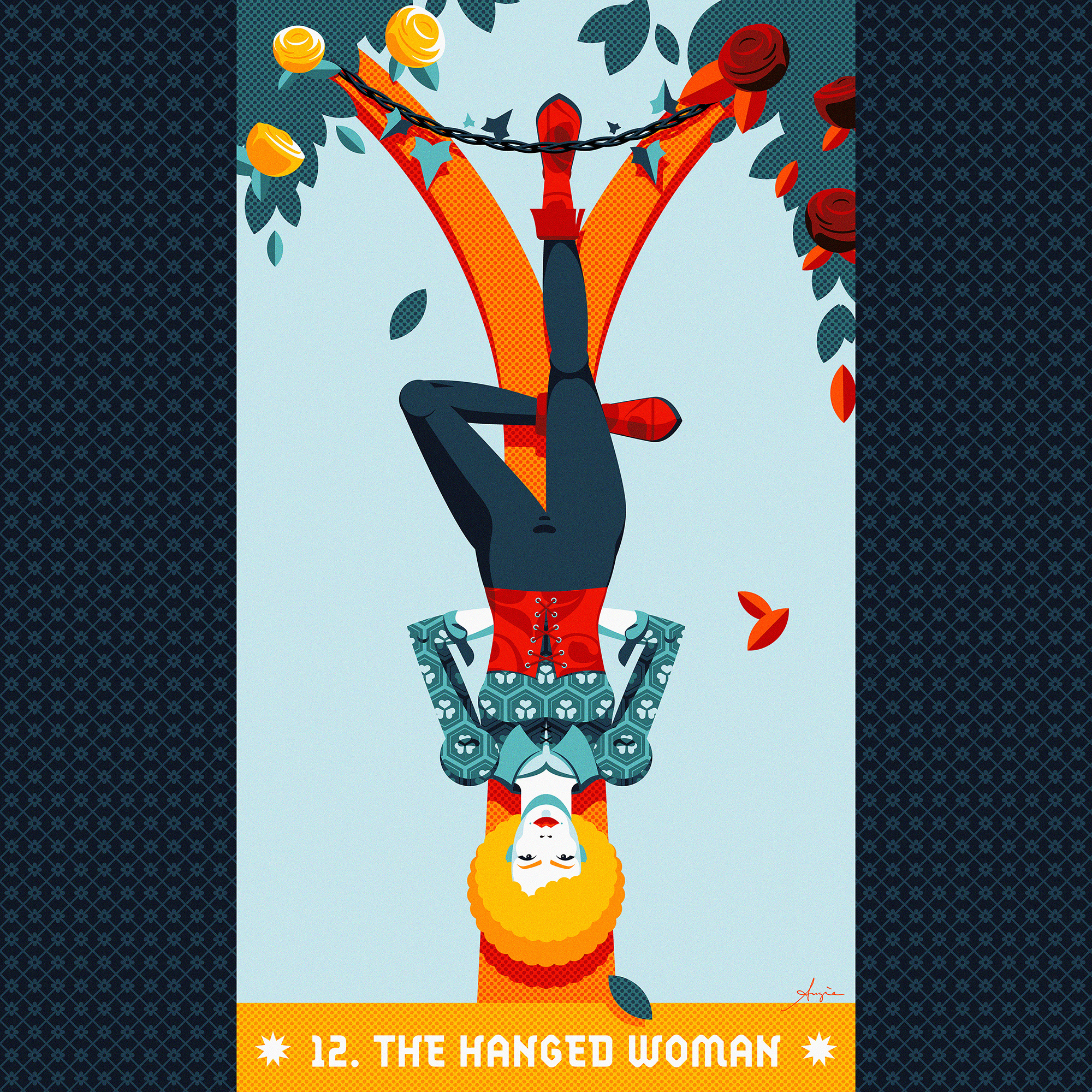 Tarot card #12: The Hanged Woman adobe illustrator arcana major blue cards contrast daily art deck flat design hanged man illustration patterns red stylized tarot vector vector illustration women yellow
