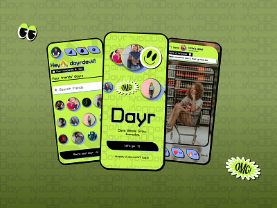 Dayr, the very social app - Dare. Share. Grow. Everyday. app branding design energy entertainment fun gamification genz logo mobile neo brutalism social ui uidesign ux uxui