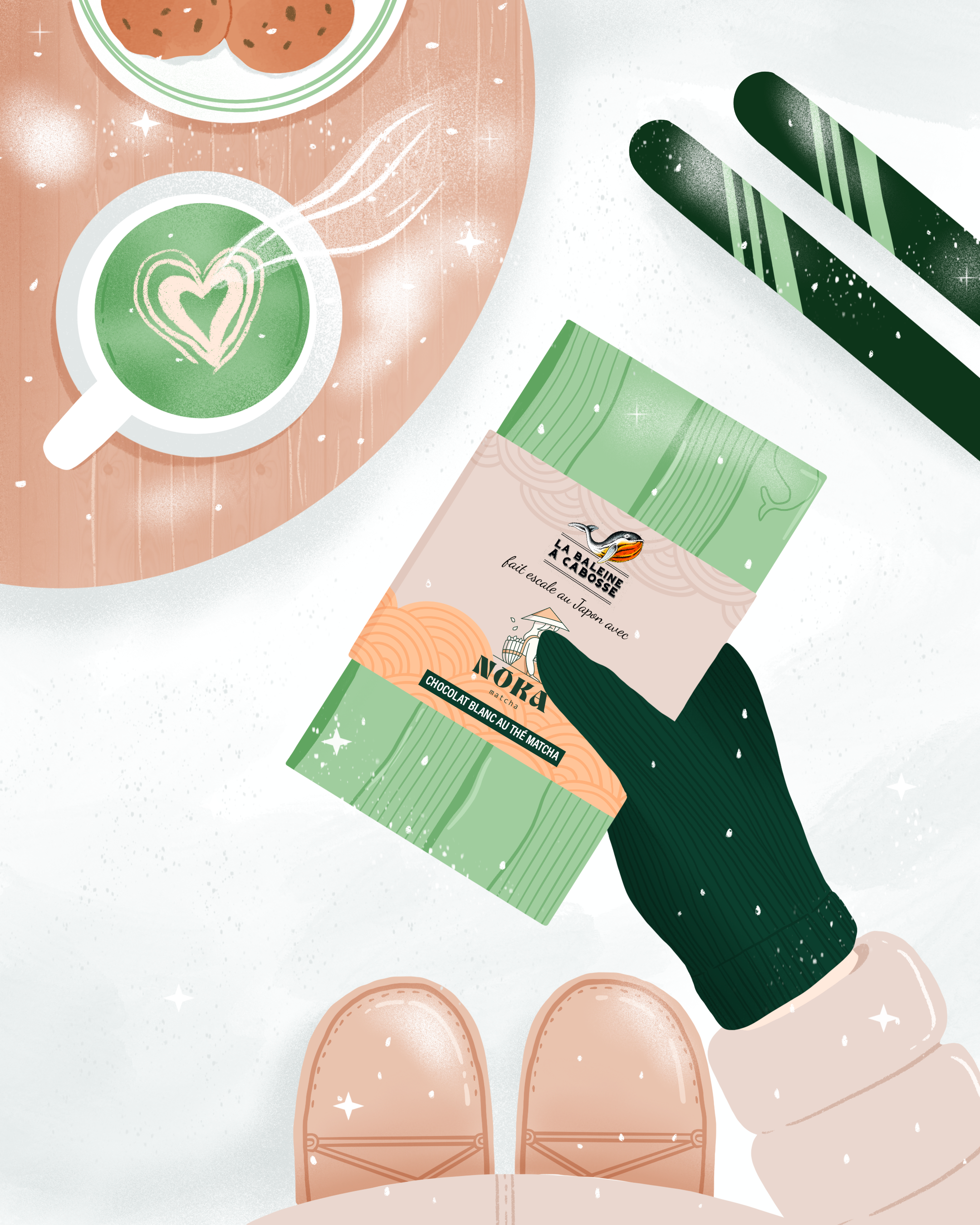 Ski holidays for Noka Matcha chocolate matcha digital art florisillustrations illustrations matcha matcha illustration noka matcha procreate social media illustration