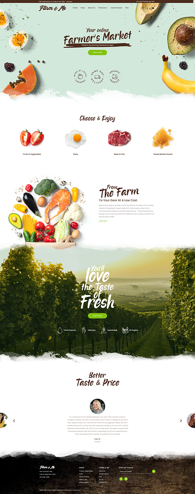 Farm & Me - Organic Food Delivery b2c branding dairy e commerce ecommerce site food delivery fresh food fresh goods fruits and vegetables local farmers logo logo design marketing strategy meat and fish online groceries organic food social impact startup web design website development
