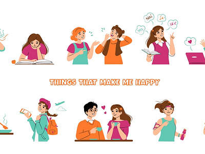 Happy Girl & Her Favorite Activities cartoon challenge character character design cute friends girl hand drawn happiness hobby illustration illustrator kawaii leisure love relax teenagers vector