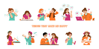 Happy Girl & Her Favorite Activities cartoon challenge character character design cute friends girl hand drawn happiness hobby illustration illustrator kawaii leisure love relax teenagers vector