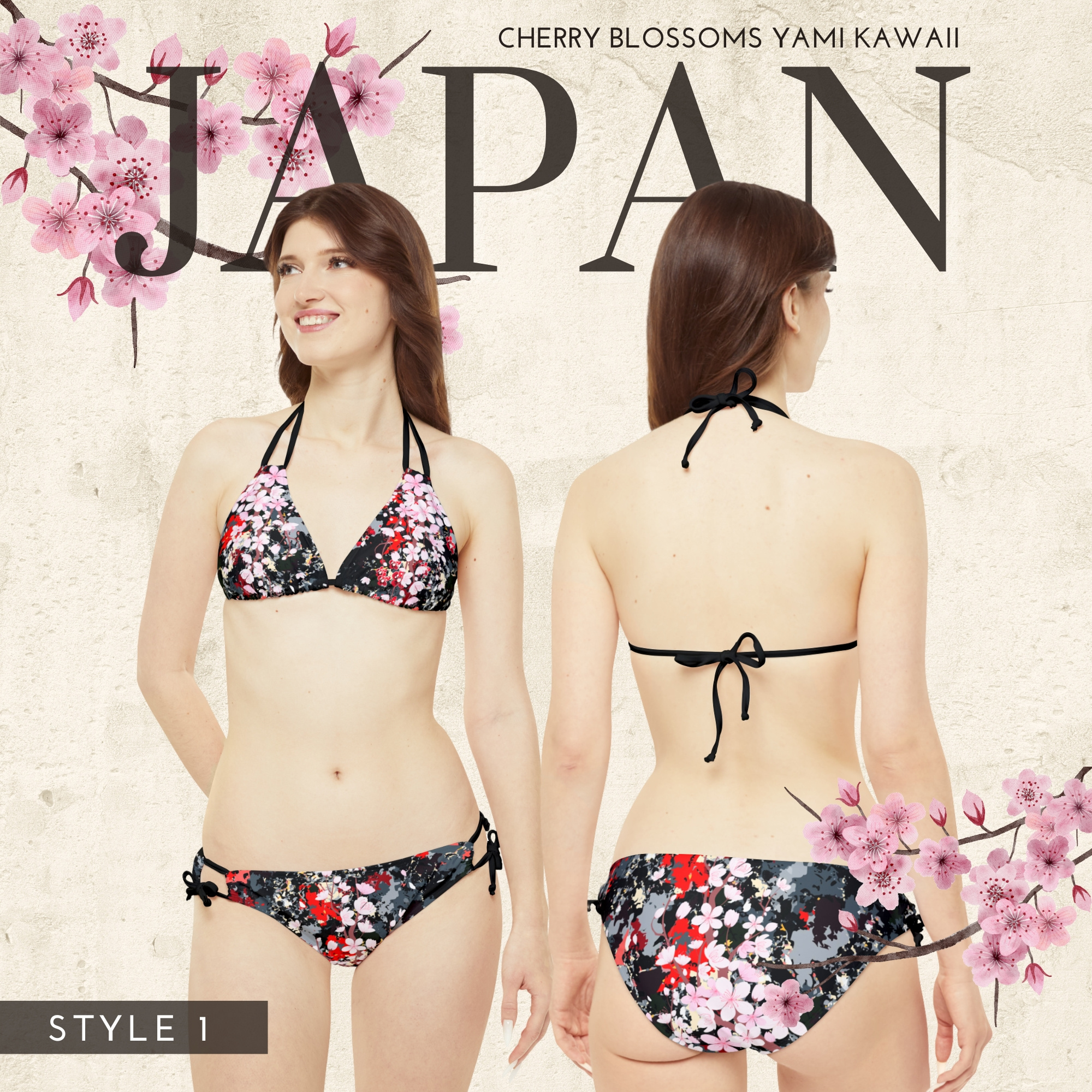 今だけ値下げ⭐︎新品未使用GLOWNY BLACK CHERRY BIKINI Cherry Blossom Japanese Yami Kawaii V5 Strappy Bikini Set (AOP) by