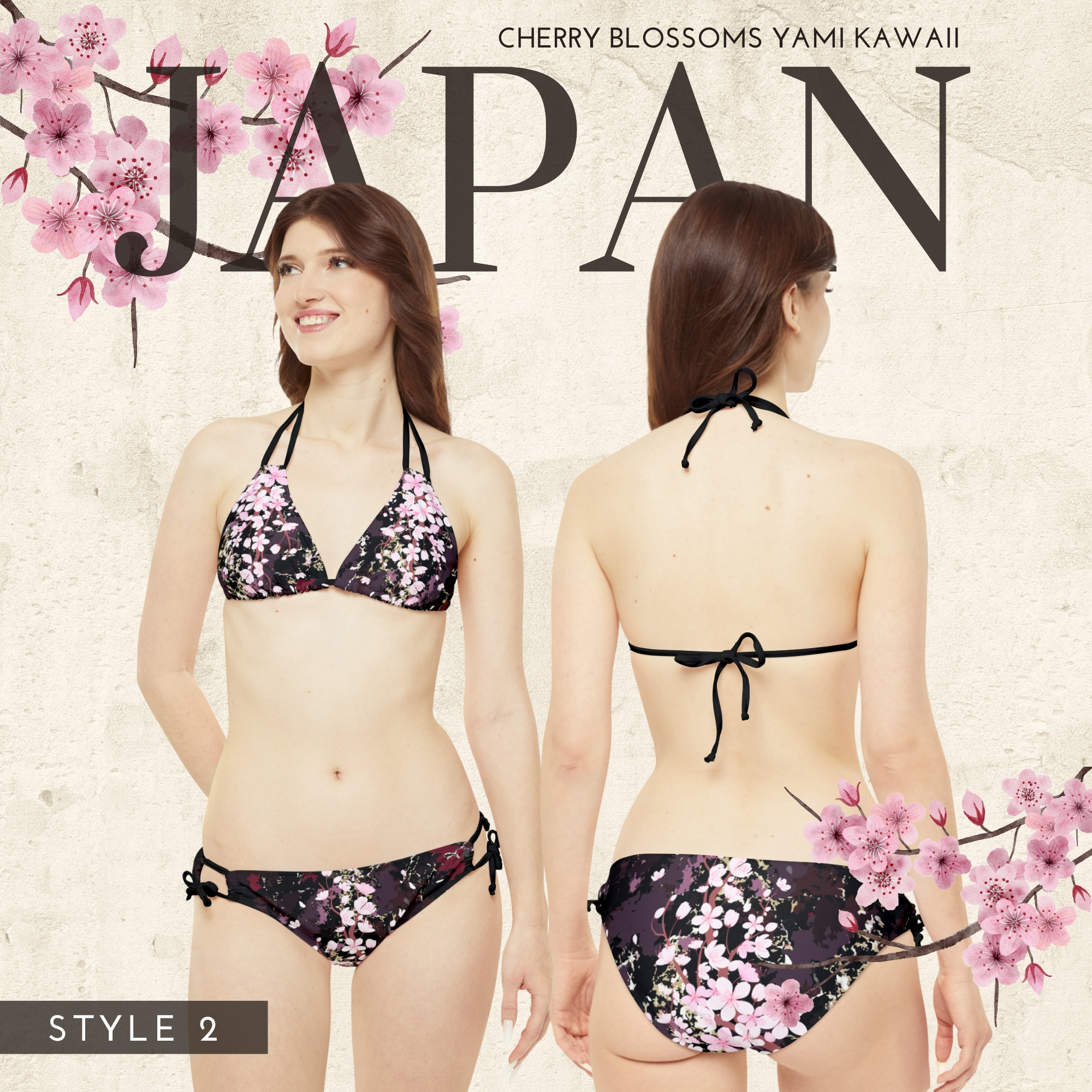 Cherry Blossom Japanese Yami Kawaii V5 Strappy Bikini Set (AOP) by