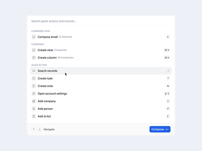 Search quick actions and records app search component compose crm hover item list modal dialog quick actions search search actions search item search quick search records shortcut smart search ‎shortcuts