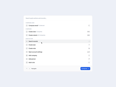 Search quick actions and records app search component compose crm hover item list modal dialog quick actions search search actions search item search quick search records shortcut smart search ‎shortcuts