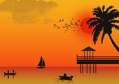 The sun is setting and fishermen are fishing in boats landscape design photoshop design