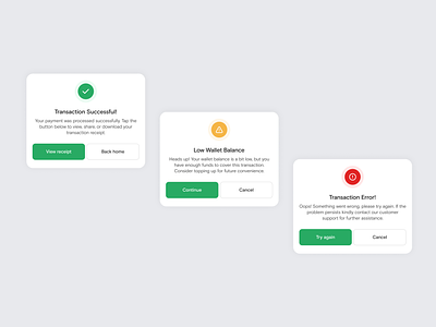Transaction Feedback Modals design error modal finance fintech mobile app modals product design success modal transaction modal ui ui design ux design warning modal