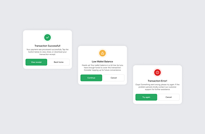 Transaction Feedback Modals design error modal finance fintech mobile app modals product design success modal transaction modal ui ui design ux design warning modal