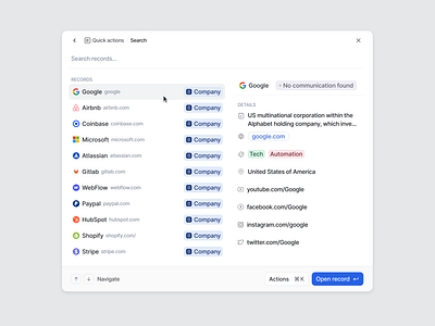 Records details actions attio crm find records google hover list list items list records menu modal dialog navigate open record quick search record details records search component search record search records smart search