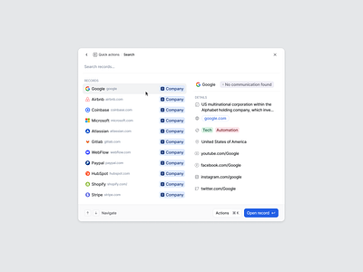 Records details actions attio crm find records google hover list list items list records menu modal dialog navigate open record quick search record details records search component search record search records smart search