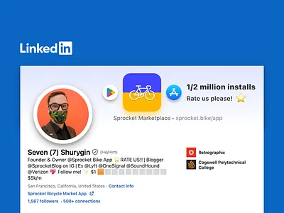 LinkedIn banner promoting Sprocket App ratings app app store banner bicycle bike hack icon installs iphone linkedin marketplace play store profile rate us retrographic review seven sprocket ui ukraine