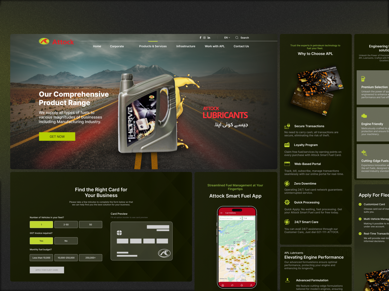 Oil & Gas Company Website Design - APL 3d animation attock petroluem branding design fuel card gas company graphic design illustration logo lubricant page design minimal motion graphics oil and gas typography ui ui design vector website redesign