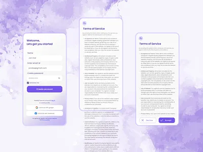 Terms and Conditions | Sign up UI Design accept or decline account create account legal log in minimal mobile login modern onboarding policy privacy policy settings sign in sign up terms terms and conditions ui ux ux