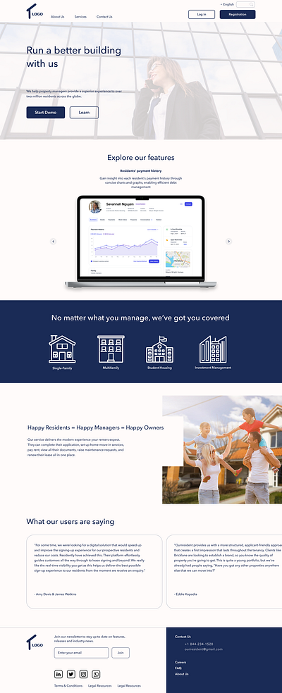 Residental management website homepage design navy blue residental responsive ui ui challenge ui designer uidesign ux ux designer