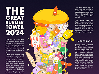 The Great Burger Tower 2024! Poster by Satimo Design 2d burger cartoon design draw food fruits graphic design illustration magazine magazine page poster poster design satimo design typography vegetables