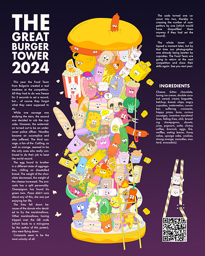 The Great Burger Tower 2024! Poster by Satimo Design 2d burger cartoon design draw food fruits graphic design illustration magazine magazine page poster poster design satimo design typography vegetables