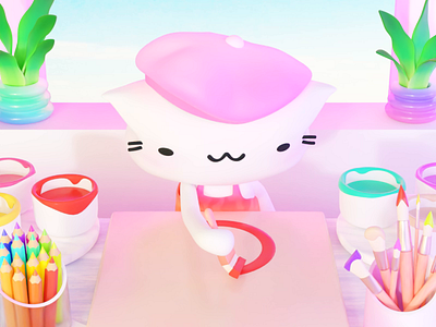 The Indecisive Artist 3d 3d art animation artist b3d blender blender3d cat kawaii loop paints pastel pink video watercolor