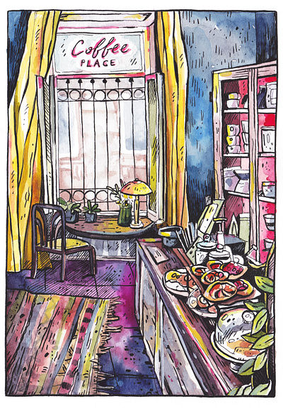 Coffee Place | Tbilisi Cards card charity coffee shop illustration interior postcard print sketch tbilisi watercolor