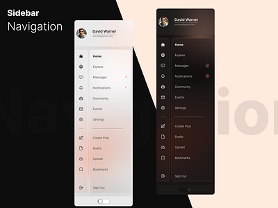 sidebar navigation menu for social media web app app design design system glassmorphism menu design navigation menu product design sidebar social media sidebar social media site component ui ui element user experience design user interface ux web app component