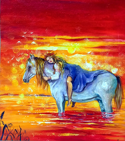 Original Ukrainian painting, Woman and Horse, Nature Sky River A art fashion hand painted handmade horse illustration paint painting ukraine woman