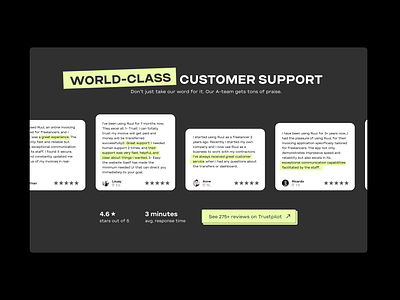 #7 - Ruul Testimonials Redesign b2b b2c cs customer support dark design desktop fintech freelance green rating redesign reviews saas startup testimonials testimonials ui ui ux web design