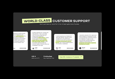 #7 - Ruul Testimonials Redesign b2b b2c cs customer support dark design desktop fintech freelance green rating redesign reviews saas startup testimonials testimonials ui ui ux web design