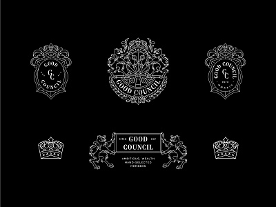 Good Council - Branding Full Preview brand identity branding coaching coat of arms consultant crest crown family crest gold hotel illustration key king line lineart logo luxury modern monoline wolf