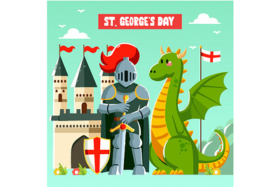 Flat St. George's Day with Knight and Dragon Illustration cartoon celebration christian church country culture day dragon england event feast festival flag george history knight parade patron region saint