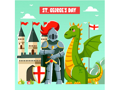 Flat St. George's Day with Knight and Dragon Illustration cartoon celebration christian church country culture day dragon england event feast festival flag george history knight parade patron region saint