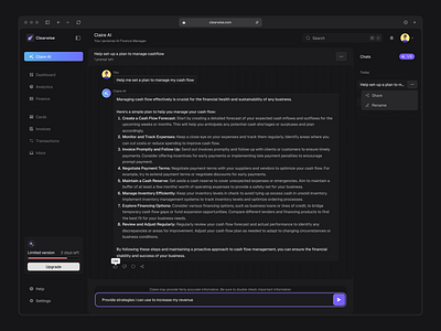 Claire AI ai chat dark dark mode dashboard design finance ui ux