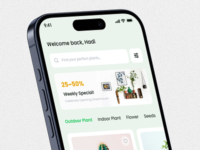 🌿 Greenhaven - Plant Marketplaces Mobile Design app baner branding cart design details ecommerce explore flower fresh garden green homepage marketplace mockup pay payment plant ui ux