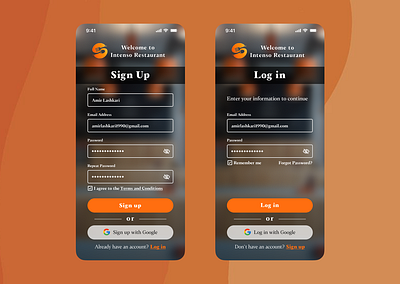 Sign-in / Sign-up for a restaurant application elegantui glassdesign interactivedesign logindesign mobileappdesign mobileui mobileux moderndesign restaurantapp restaurantux signin signup sleekinterface ui uiux userexperience userinterface visualdesign