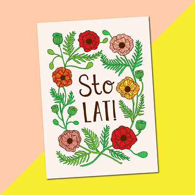 Sto Lat! Polish Poppy-Themed Botanical Birthday Card Design