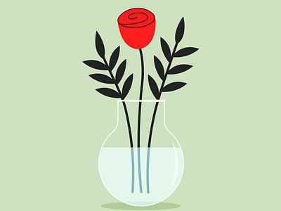 Red rose flower in glass vase. Floral bouquet abstract bloom bouquet cartoon decor doodle floral flower interior leaf leaves mint green red retro rose shadow spring summer vase watering