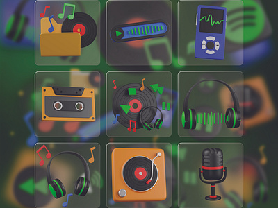 Music 3D Icon Set 3d 3d icons blender cassette design graphic design headphone headset icons illustration mic microphone mp3 music music 3d icon music day music file record song ui