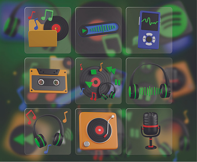 Music 3D Icon Set 3d 3d icons blender cassette design graphic design headphone headset icons illustration mic microphone mp3 music music 3d icon music day music file record song ui