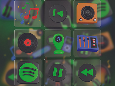 Music 3D Icon Set 3d 3d icons decord equalizer graphic design icons illustration music music 3d icon music day music notes music pin music player music symbole pause skip song speaker spotify ui
