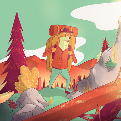 Hike camping childrens book corgi forest graphic design green hike hiking illustration illustrator nature orange picture book procreate sunset texture tired woods