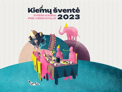 YARDS FEAST ad community design elephant event feast illustration kaunas key kmn local map pastel pigeon pink table video visual yards
