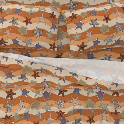 Colorful Star fishes brown colorful decorative design fabric designer holiday home decor maximalist modern seamless pattern seasonal star fishes surface design textile pattern designer under the sea vector wallpaper design waves