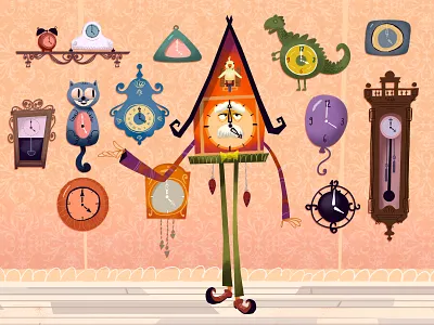 Sir O'clock alarm clock animation book cat character children clock cuckoo dinosaur grandfather clock illustration kids tale time watch