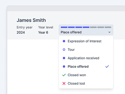 Inline editing profile page - student status dropdown inline editing profile page single select stages status change steps ui user interface