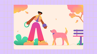 Playing with dog 2dcharacter animation animationcharacter art cartoonillustration colorful design dog illustration playing with dog playtime trending design