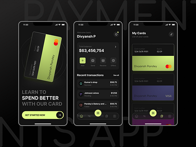 Fintech Payments App app design dark mode dark theme design finance fintech mobile product design typography ui ux
