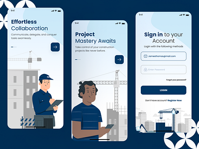 Tract Work - Construction App 2024 app design app ui blue app construction app construction flow map app minimal app design modern theme new thisuix trending trending app ui trending design