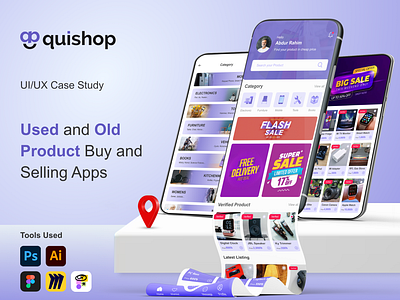 Quishop (Buy and Sell Preowned Products website and mobile app) brand identity buy sell products buying used products ecommerce app ecommerce website empathy map figma app goal statement homepage landing page mobile app ecommerce preowned products sell problem statement swap products uiux uiux case study usability study used product buy used product selling app user flow