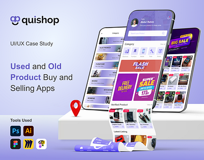 Quishop (Buy and Sell Preowned Products website and mobile app) brand identity buy sell products buying used products ecommerce app ecommerce website empathy map figma app goal statement homepage landing page mobile app ecommerce preowned products sell problem statement swap products uiux uiux case study usability study used product buy used product selling app user flow
